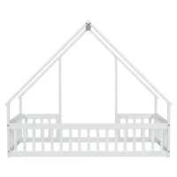 Simplie Fun Twin Wood House-Shaped Floor Bed with Fence, Guardrails, White