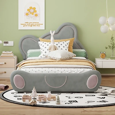 Streamdale Beige Velvet Twin Platform Bed with Bear Headboard and Pocket