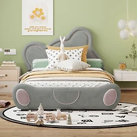 Streamdale Beige Velvet Twin Platform Bed with Bear Headboard and Pocket