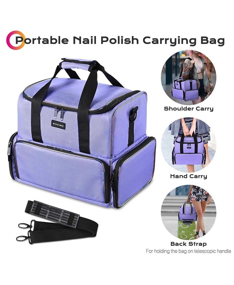 Byootique Double Layer Nail Polish Carrying Case Nail Organizer With 2 Removable Transparent Bags For Manicurists Nail Technicians Makeup Artists,Purp