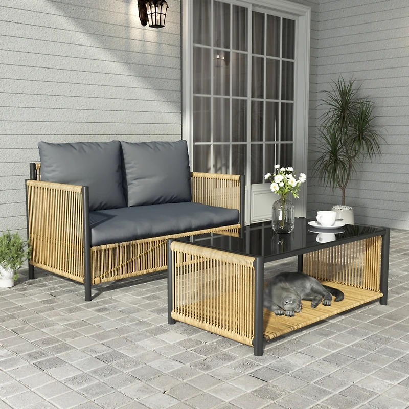 Streamdale Outdoor Pe Brown Wicker 2seats Sofa with Grey Cushion and Table Set