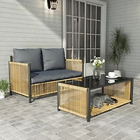 Streamdale Outdoor Pe Brown Wicker 2seats Sofa with Grey Cushion and Table Set