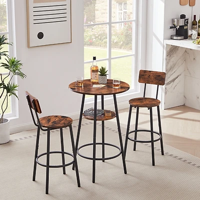 Streamdale Furniture Round Barstool Set With Shelves, Stool With Backrest Rustic Brown, 23.6" Dia X 35.4"