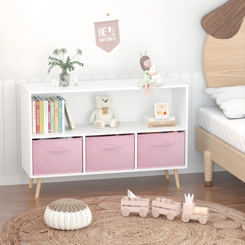 Kids Bookcase with Collapsible Drawers, Toy Storage Organizer