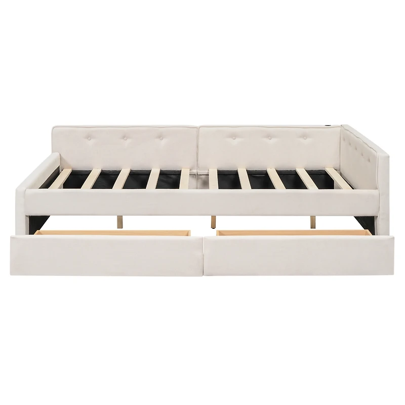 Simplie Fun Full Size Upholstered Platform Bed with Usb and 2 Drawers, Beige