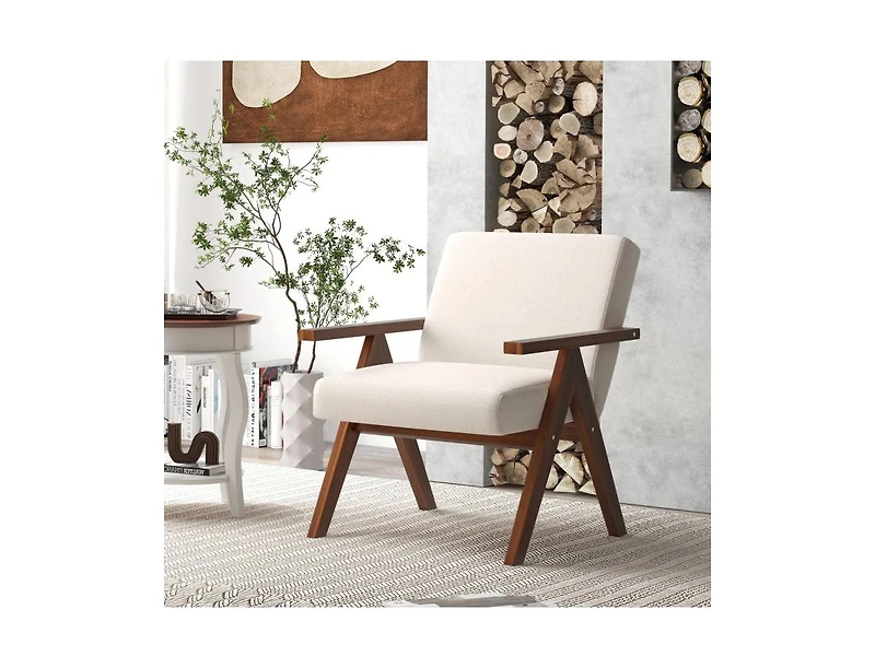 Slickblue Modern Accent Chair Linen Fabric Armchair with Solid Acacia Wood Frame