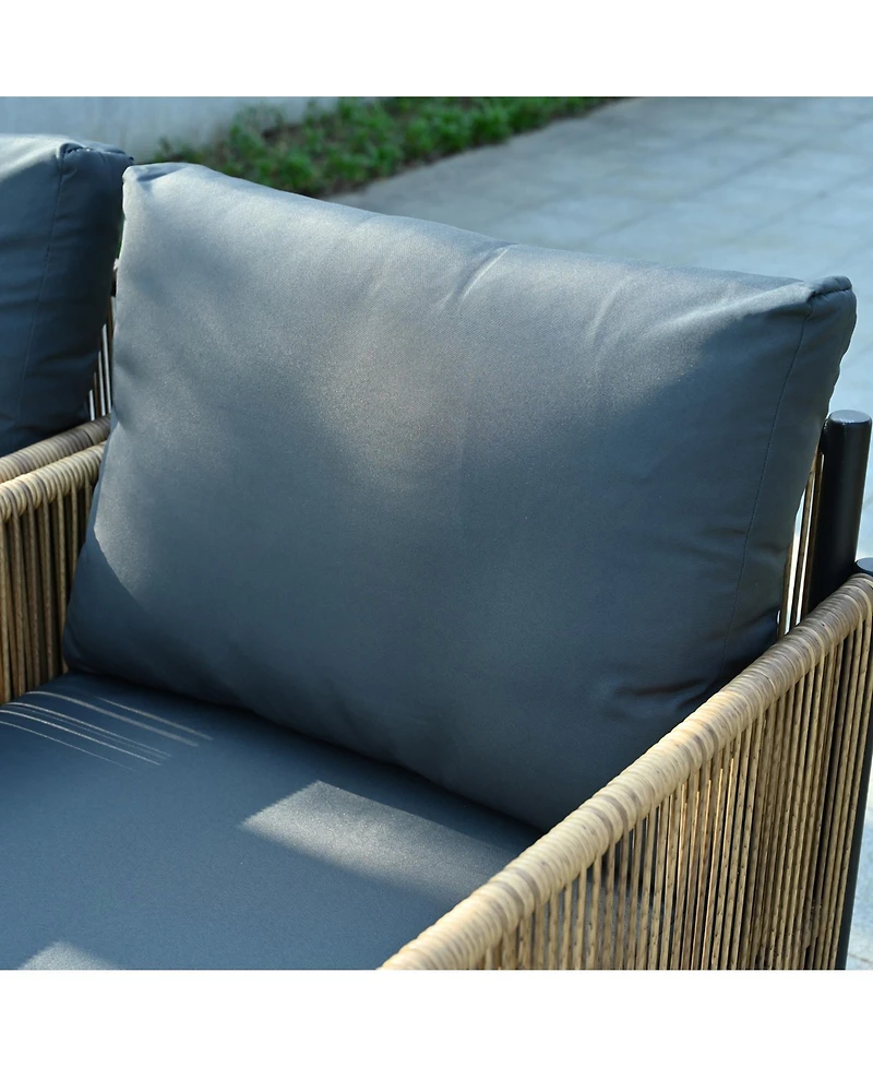 Simplie Fun Outdoor Brown Pe Wicker Sofa Set-2 Pieces Single Sofa with Grey Cushion