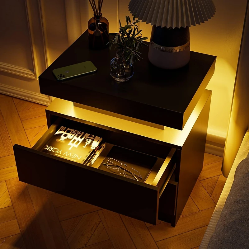Streamdale Modern Led Nightstand with Adjustable Shelf and Drawers
