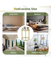 Set of 2 Round Side Tables with Marble Top and Gold Metal Frame for Living Room
