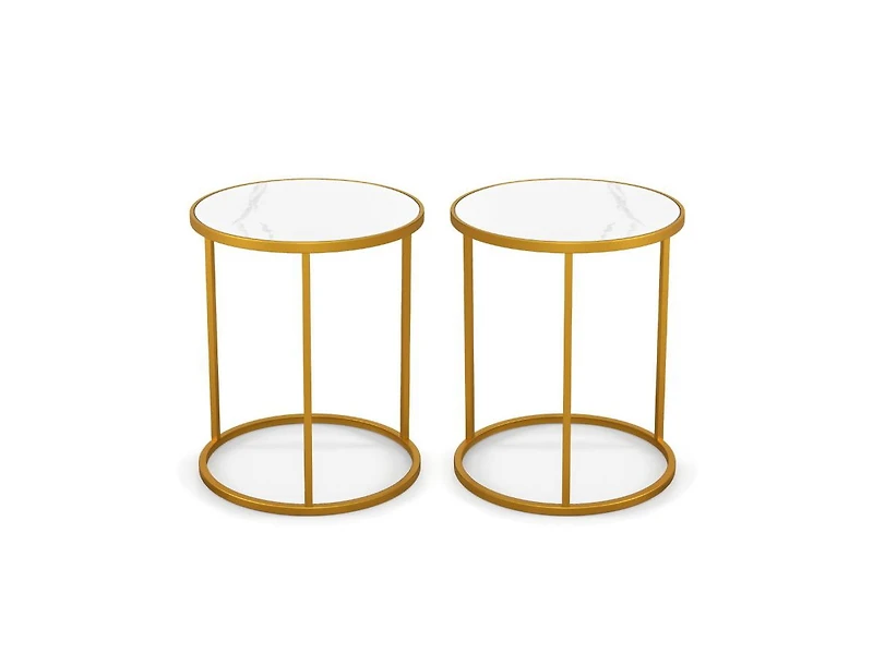 Set of 2 Round Side Tables with Marble Top and Gold Metal Frame for Living Room