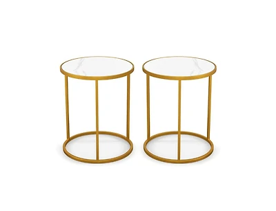 Set of 2 Round Side Tables with Marble Top and Gold Metal Frame for Living Room