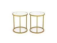 Set of 2 Round Side Tables with Marble Top and Gold Metal Frame for Living Room