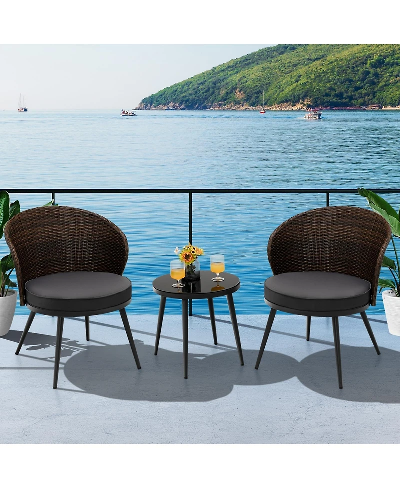 Slickblue 3 Pieces Patio Rattan Bistro Set with 2 Seat Cushions and Tempered Glass Tabletop-Brown