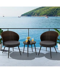 Slickblue 3 Pieces Patio Rattan Bistro Set with 2 Seat Cushions and Tempered Glass Tabletop-Brown