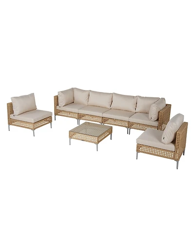 Mondawe 7 piece rIron Frame Beige Rattan 7-Piece Wicker Corner Sofa with Detachable Structure, Gray Cushion for Gazebo