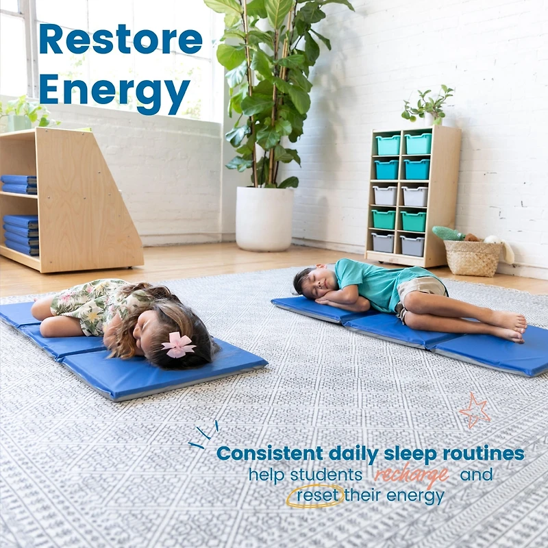 RestZone ECR4Kids Everyday Folding Rest Mat, 3-Section, 1in, Blue/Grey, 5-Pack