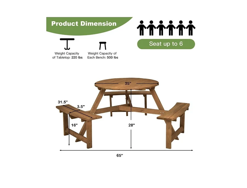 Slickblue 6-person Round Wooden Picnic Table with Umbrella Hole and 3 Built-in Benches-Dark Brown
