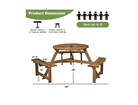 Slickblue 6-person Round Wooden Picnic Table with Umbrella Hole and 3 Built-in Benches-Dark Brown