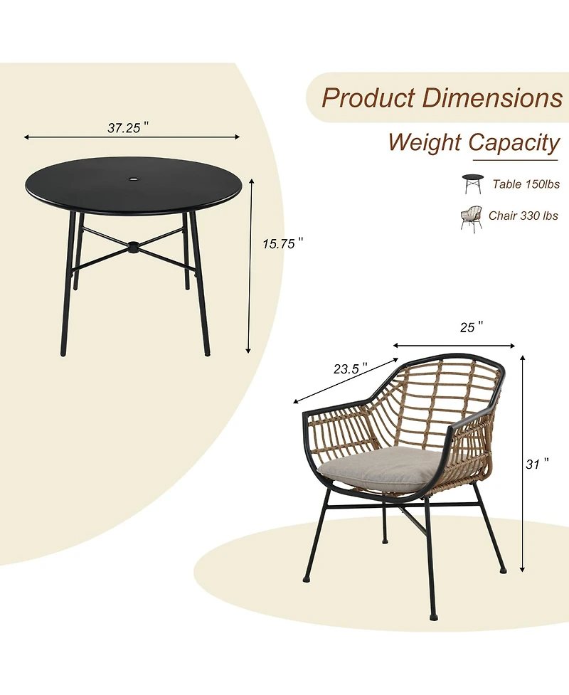 Mondawe 5 Piece Metal Outdoor Seating Set Wicker Rattan Dining Set with Gray Cushion for Backyard