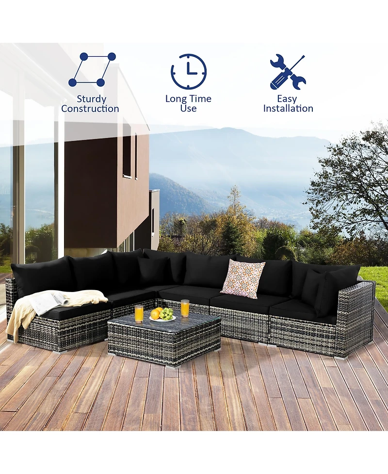 7PCS Patio Rattan Furniture Set Sectional Sofa Garden