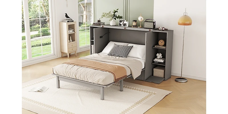 Streamdale Full Murphy Bed with Shelves, Drawers and Usb Ports, Gray