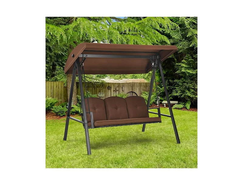 Slickblue Outdoor 3-Seat Porch Swing with Adjust Canopy and Cushions-Coffee