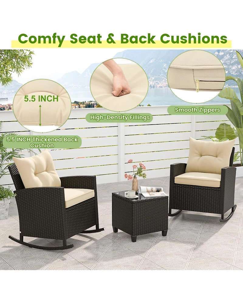 Slickblue Patio Rattan Roker Chairs with Tempered Glass Table and Soft Cushions for Backyard Poolside Porch-Beige