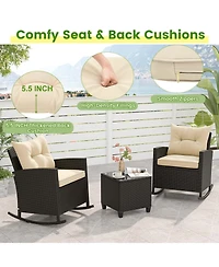 Slickblue Patio Rattan Roker Chairs with Tempered Glass Table and Soft Cushions for Backyard Poolside Porch-Beige