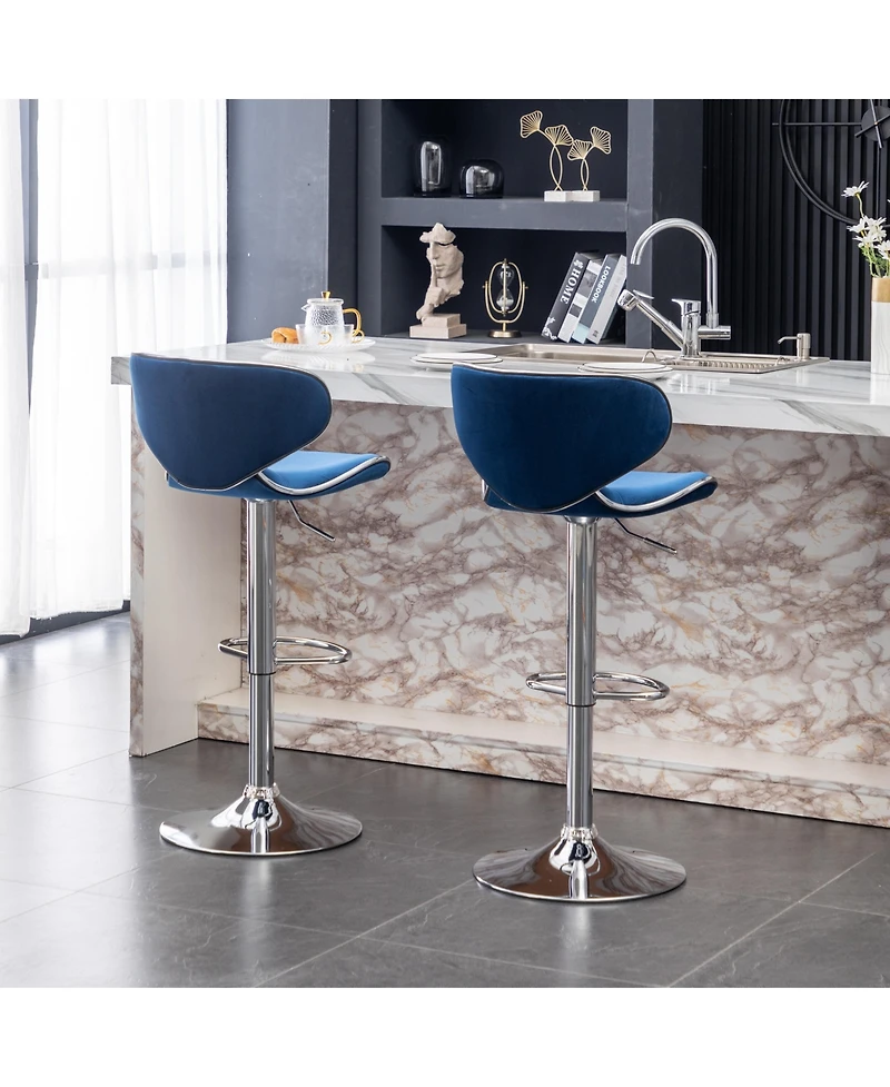Streamdale Furniture Masaccio Velvet Upholstered Adjustable Swivel Barstool, Set of 2, Blue