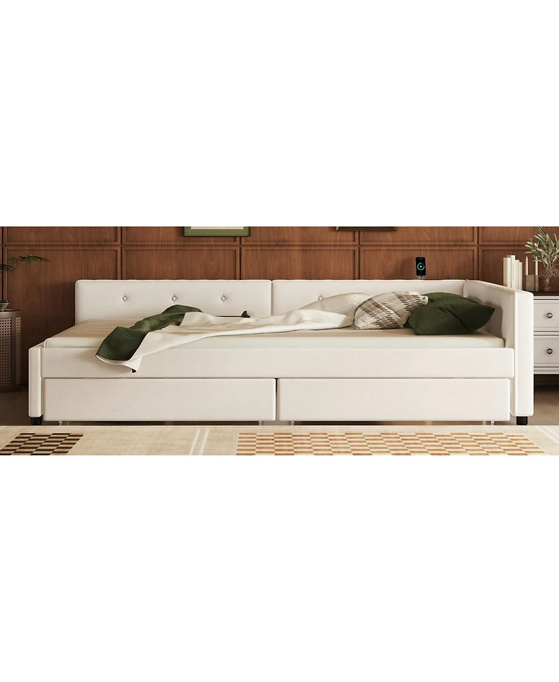 Streamdale Queen Size Upholstered Platform Bed with Usb and 2 Drawers, Beige