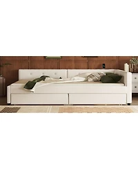 Streamdale Queen Size Upholstered Platform Bed with Usb and 2 Drawers, Beige