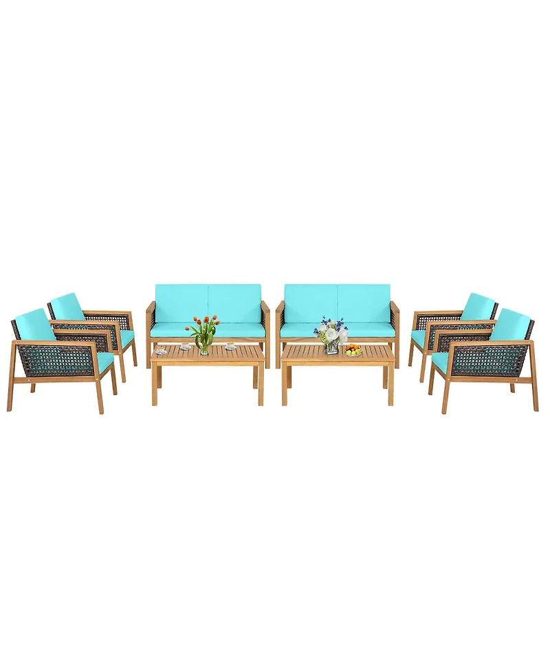 8PCS Patio Rattan Furniture Set Acacia Wood Cushioned Sofa