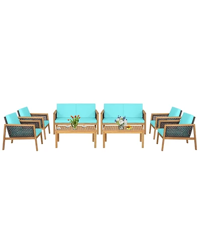 8PCS Patio Rattan Furniture Set Acacia Wood Cushioned Sofa