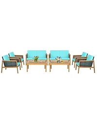 8PCS Patio Rattan Furniture Set Acacia Wood Cushioned Sofa