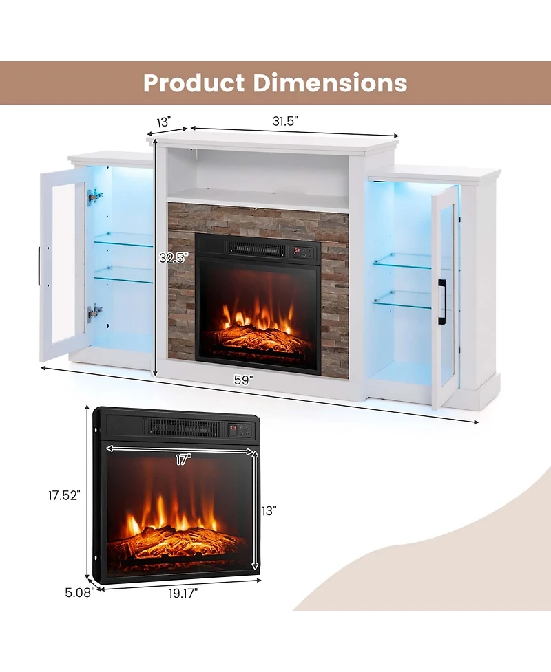 Fireplace Tv Stand with Led Lights & Electric For 65" Wall-Mounted