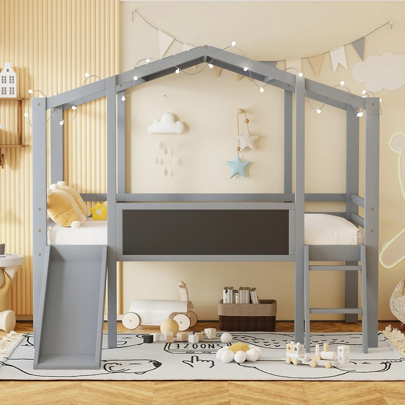 Streamdale Twin Loft Bed with Ladder, Slide, Blackboard, and Light Strip