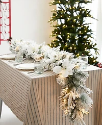 Glitzhome Set of 2 6ft Pre Lit Flocked Greenery Pine White Poinsettia Christmas Garland, with 50 Warm White Lights with Timer, Three Function