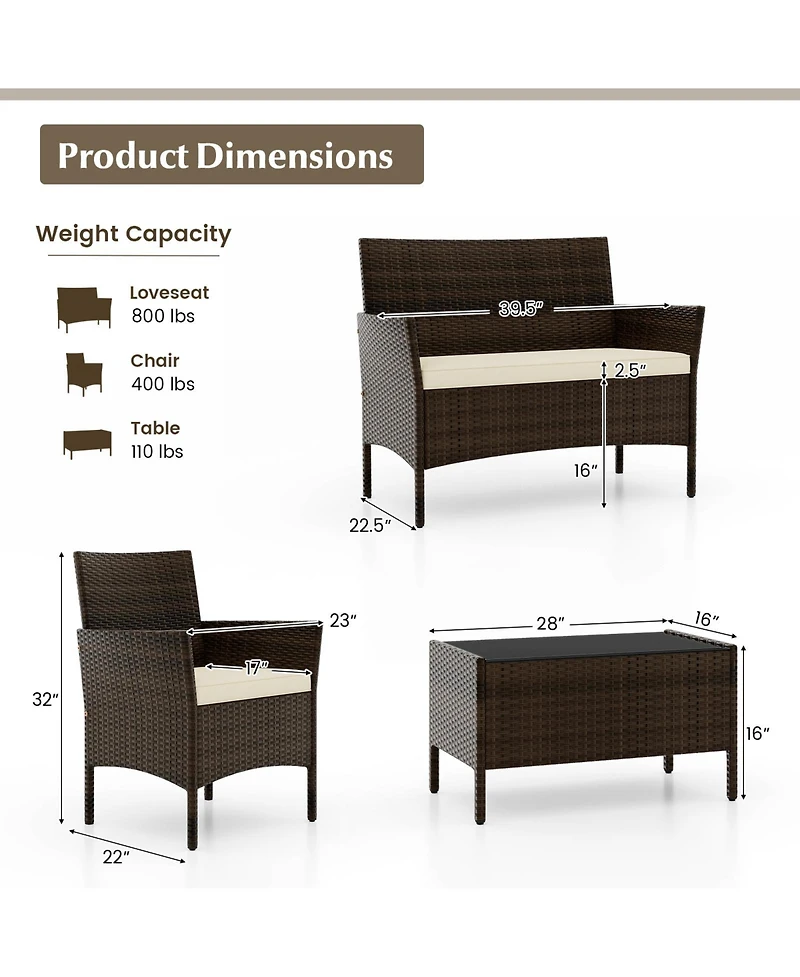 Slickblue 4 Piece Patio Rattan Conversation Set with Cozy Seat Cushions