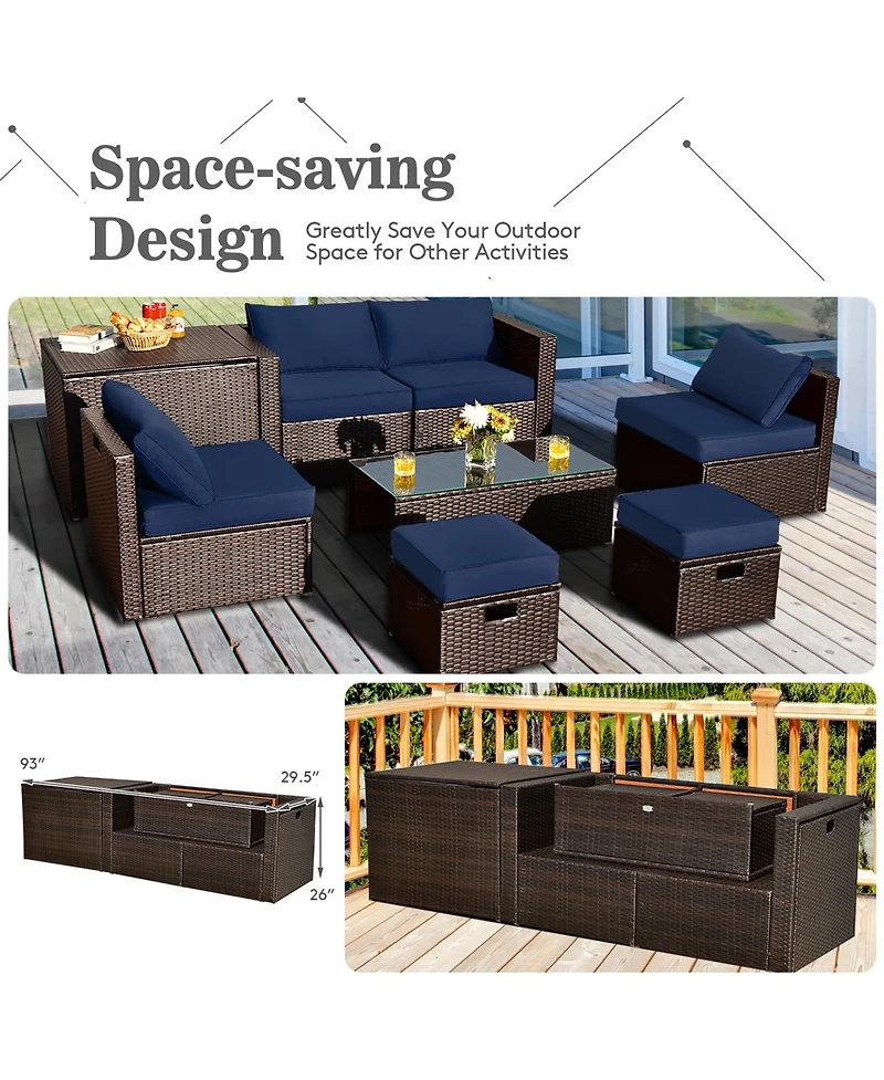 8PCS Patio Rattan Furniture Set Space-Saving Storage Cushion