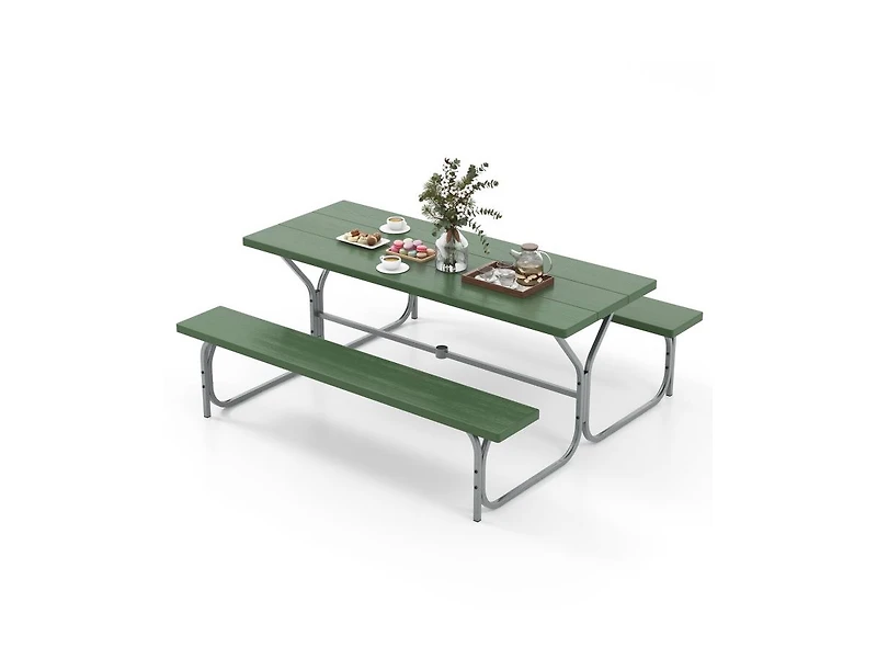 Slickblue 6 Ft Picnic Table Bench Set Dining Table and 2 Benches with Metal Frame and Hdpe Tabletop