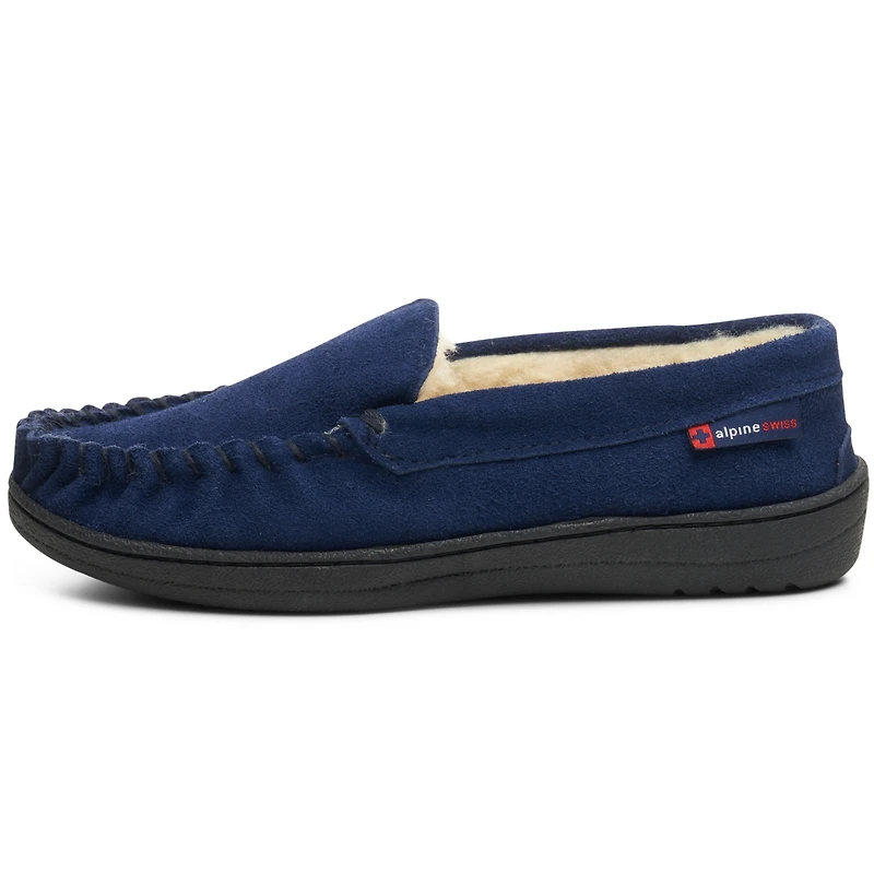 Alpine Swiss Men's Moccasin Slippers Genuine Suede House Shoe Memory Foam Insole Plush Faux Shearling Lining Comfy Indoor Outdoor Anti-Slip Rubber Sol
