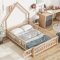 Simplie Fun Full House-Shaped Headboard Floor Bed With Fence, Natural
