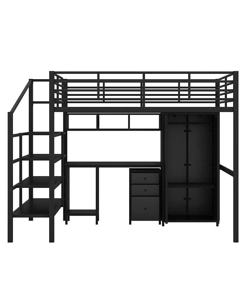 Simplie Fun Metal Loft Bed With Table Set And Wardrobe, Full