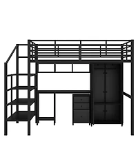 Simplie Fun Metal Loft Bed With Table Set And Wardrobe, Full