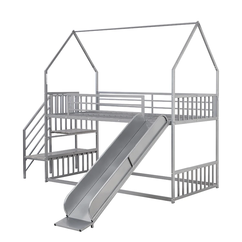 Simplie Fun Twin Size Metal Bunk Bed House Bed With Slide And Staircase