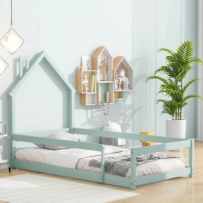 Streamdale Twin-Size Wood Floor Bed with House Headboard and Fences