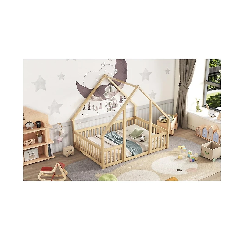 Simplie Fun Full Wood House-Shaped Floor Bed with Fence, Guardrails, Natural