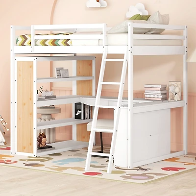 Streamdale Full Loft Bed With Ladder, Shelves, And Desk, White