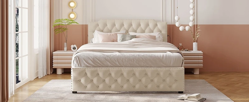 Streamdale Gray Linen Platform Bed with Usb Ports & Drawers