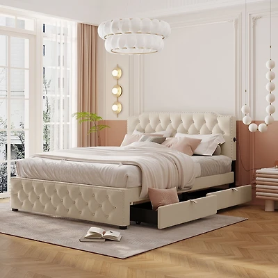 Streamdale Gray Linen Platform Bed with Usb Ports & Drawers